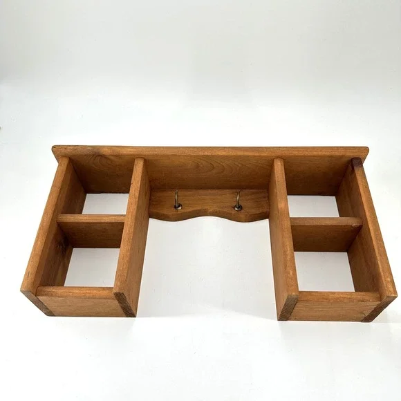 VTG Handmade Rustic Wooden Wall Shelf with 4 Cubbies and 2 Brass Key Hooks Brown - Picture 3 of 10